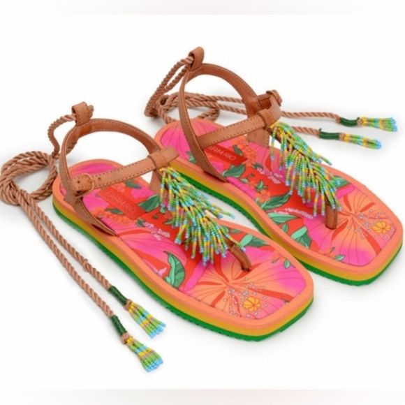 NEW FARM Rio Floral Pietra Beaded Flat Sandal Pink Orange Green Size 9 - Picture 1 of 15